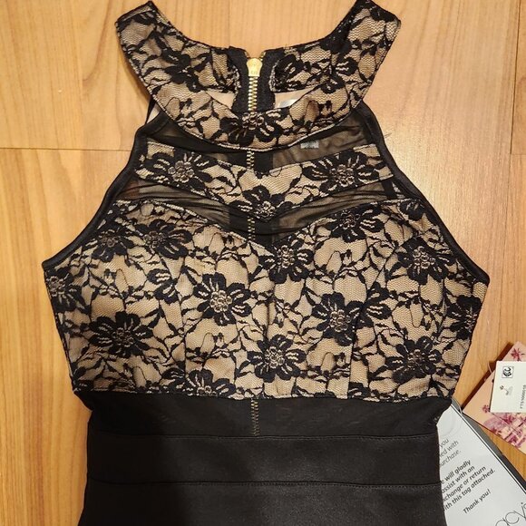 Emerald Sundae Women's Juniors' Lace Illusion Bodycon Dress XXS Black/Nude - Picture 3 of 14